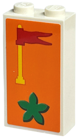 Lego Brick 1 x 2 x 3 with Green Duplo Flower, Red Flag, and Yellow Antenna on Orange Background Pattern (Sticker) - Set 40574 / White