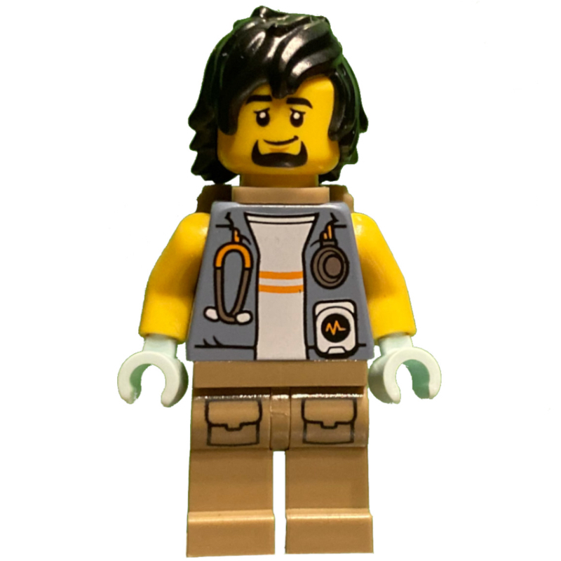 Lego Vet, Sand Blue Jacket, Dark Tan Legs, Black Hair and Goatee, Backpack