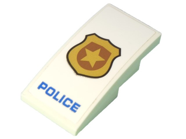 Lego Slope, Curved 4 x 2 with Black Outlined Gold Badge  and Blue 'POLICE' Pattern (Sticker) - Set 60239