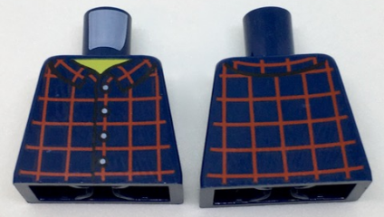 Lego Torso Shirt Dark Red Plaid Front and Back, 4 White Buttons, Wide Yellow Neck Pattern / Dark Blue