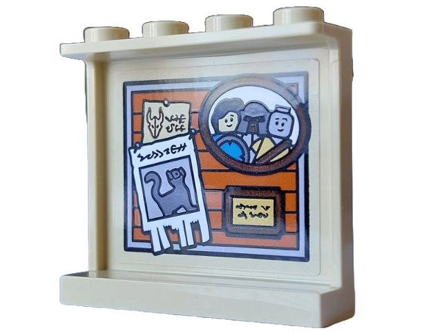 Lego Panel 1 x 4 x 3 with Side Supports - Hollow Studs with Bulletin Board with Paper with Dragon Head Sketch, Missing Cat Notice and Plaque with 3 Adventurers / Minifigures Pattern (Sticker) - Set 21348 / Tan
