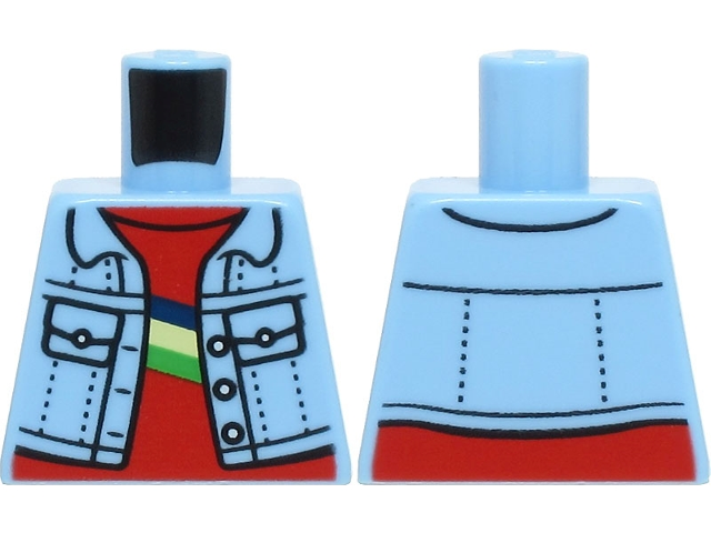 Lego Torso Denim Jacket Open with Pockets and Buttons over Red Shirt with Dark Blue, Yellowish Green, and Bright Green Stripes Pattern / Bright Light Blue