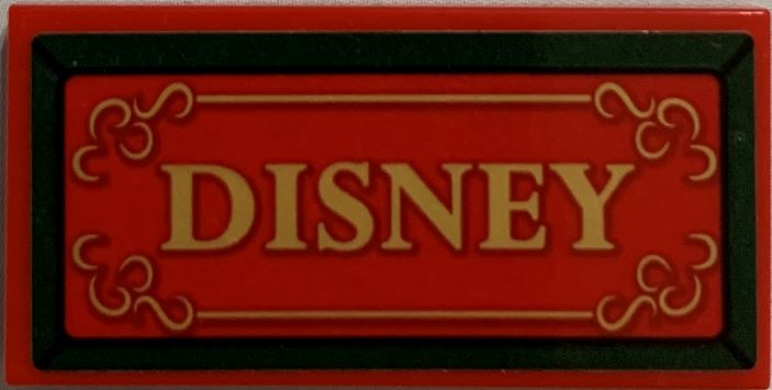 Lego Tile 2 x 4 with Gold 'DISNEY' with Dark Green Border on Red Background Pattern (Sticker) - Set 71044 / Red
