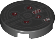 Lego Tile, Round 2 x 2 with Bottom Stud Holder with Red Lights and Black Concentric Circles (Proton Pack) Pattern / Black