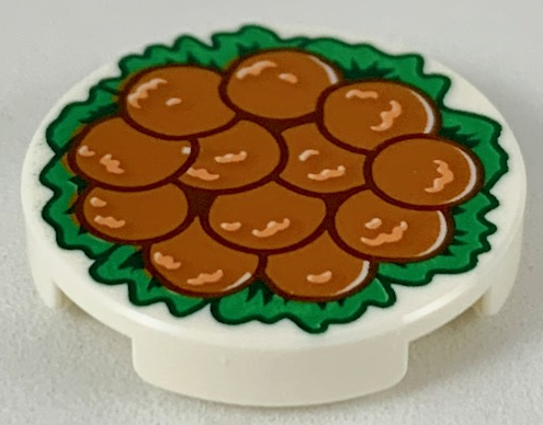 Lego Tile, Round 2 x 2 with Bottom Stud Holder with 12 Chinese Lion's Head Meatballs on Green Garnish Pattern / White