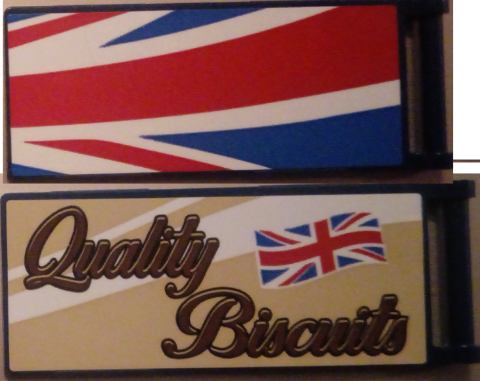 Lego Flag 7 x 3 with Bar Handle with 'Quality Biscuits' / Partial United Kingdom Flag (Union Jack) Pattern Model Front Right Side (Stickers) - Set 10258
