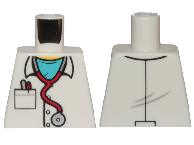 Lego Torso Hospital Lab Coat, Medium Azure Scrubs, Stethoscope, Pocket with Pens Pattern / White