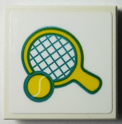Lego Tile 2 x 2 with Yellow and Dark Turquoise Tennis Racket and Ball Pattern (Sticker) - Set 40385 / White