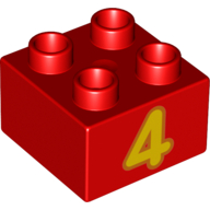 Lego Duplo Brick 2 x 2 with Yellow '4' Print / Red