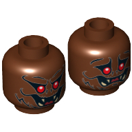 Lego Minifig Head Man-Bat, Red Eyes, Fangs, Fur, Smiling / Worried Print / Reddish Brown