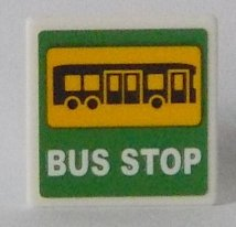 Lego Road Sign 2 x 2 Square with Open O Clip with Bus and 'BUS STOP' on Green Background Pattern (Sticker) - Set 60154 / White