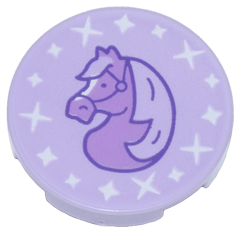 Lego Tile, Round 2 x 2 with Bottom Stud Holder with Medium Lavender Horse Profile and White Sparkles Pattern / Lavender