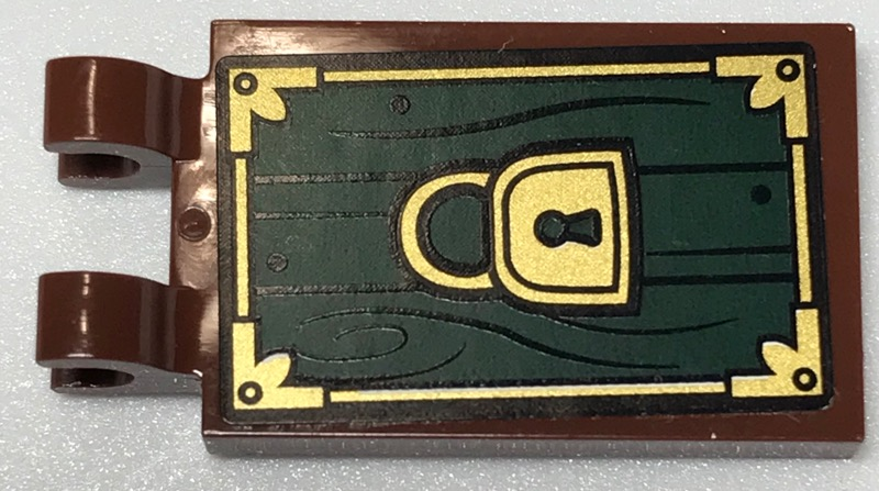 Lego Tile, Modified 2 x 3 with 2 Clips with Gold Padlock and Frame on Dark Green Wood Grain Pattern (Sticker) - Set 79013