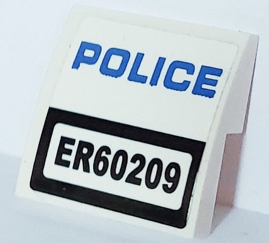 Lego Slope, Curved 2 x 2 x 2/3 with 'ER60209' and Blue 'POLICE' Pattern (Sticker) - Set 60209 / White