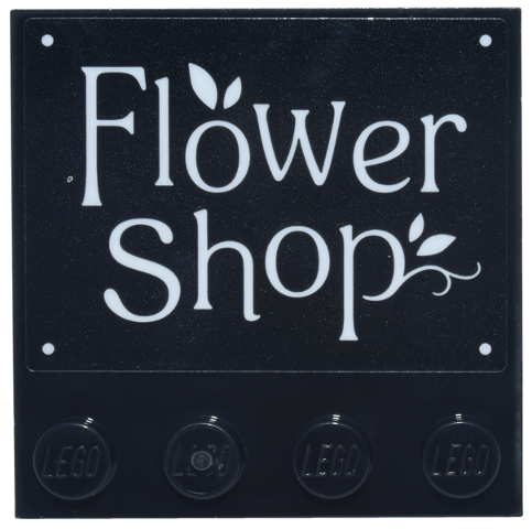 Lego Tile, Modified 4 x 4 with Studs on Edge with Sign with White 'Flower Shop' and Leaves Pattern (Sticker) - Set 42693 / Black