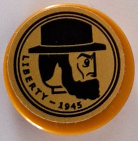 Lego Tile, Round 2 x 2 with Bottom Stud Holder with Black Coin Penny with Lincoln Profile and 'LIBERTY - 1945' Pattern (Sticker) - Set 76122