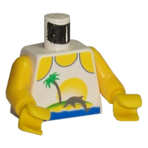 Lego Torso, Tank Top, Palm Tree and Dolphin Print, Yellow Arms and Hands / White