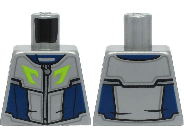 Lego Torso Racing Suit, Dark Blue Panels, Silver Zipper, Lime Logo Pattern / Flat Silver