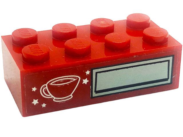 Lego Brick 2 x 4 with White Stars and Coffee Cup and Silver Panel Pattern (Sticker) - Set 41318 / Red