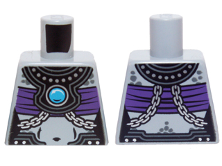 Lego Torso Chima Female Outline with Black Armor, Dark Purple Top and Blue Round Jewel (Chi) Pattern / Light Bluish Gray