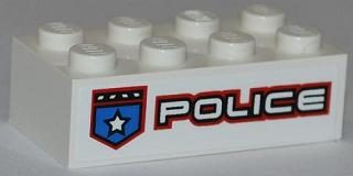 Lego Brick 2 x 4 with Police White Star Badge and White 'POLICE' with Red Outline Pattern Model Left Side (Sticker) - Set 8301 / White