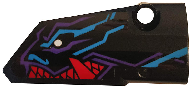 Lego Technic, Panel Fairing # 4 Small Smooth Long, Side B with Medium Azure, Red and Dark Purple Dragon Head Pattern (Sticker) - Set 70642 / Black