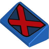 Lego Brick Sloped 30° 1 x 2 x 2/3 with Red 'X' on Dark Blue Banner Print (X-Men Logo)