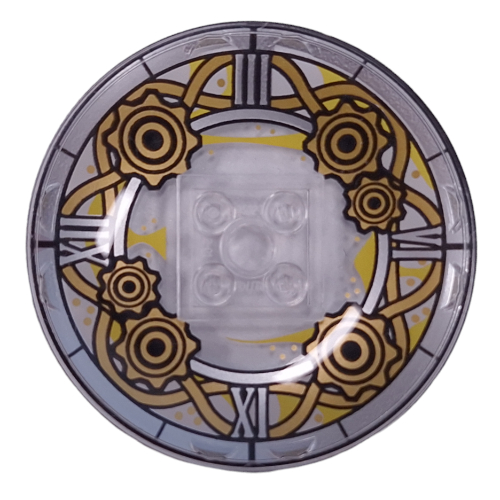 Lego Dish 6 x 6 Inverted (Radar) with Clock, Light Bluish Grey Beams, Gold Gears Print