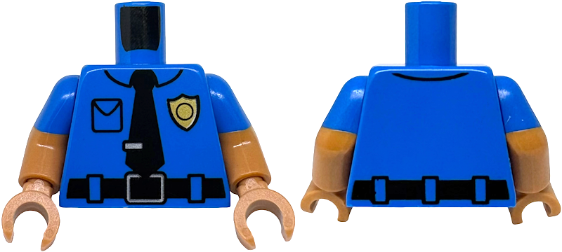 Lego Torso Police Shirt with Collar, Pocket, Gold Badge, Black Belt with Silver Buckle, Tie with Clip Pattern / Medium Nougat Arms with Molded Blue Short Sleeves Pattern / Medium Nougat Hands