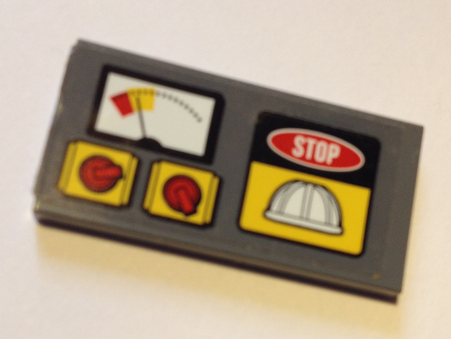 Lego Tile 2 x 4 with Gauge, Red Controls, 'STOP' and White Construction Helmet Pattern (Sticker) - Set 60125 / Dark Bluish Gray