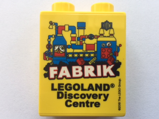Lego Duplo, Brick 1 x 2 x 2 with LEGOLAND Discovery Centre FABRIK 2018 Pattern / Yellow