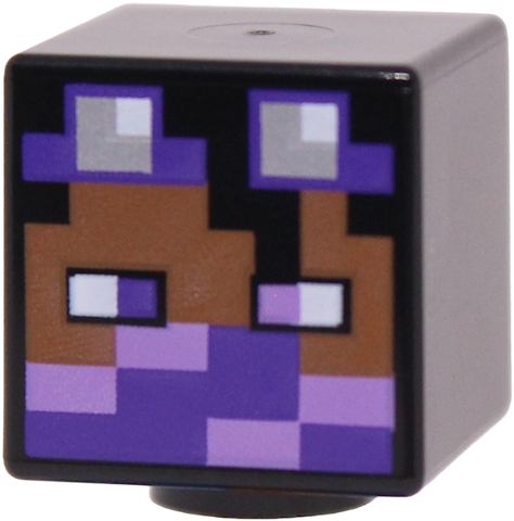 Lego Minifigure, Head, Modified Cube with Pixelated Goggles with Silver Lenses, White Glints and Eyes, Medium Brown Face, Lavender and Dark Purple Mask Pattern (Minecraft Ghast Keeper) / Black
