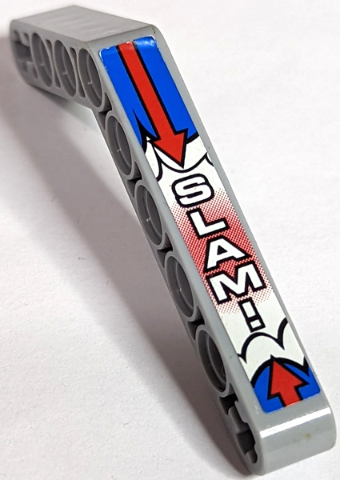 Lego Technic, Liftarm, Modified Bent Thick 1 x 9 (6 - 4) with Red Arrows and 'SLAM!' on Blue, Red, and White Background Pattern (Sticker) - Set 8182
