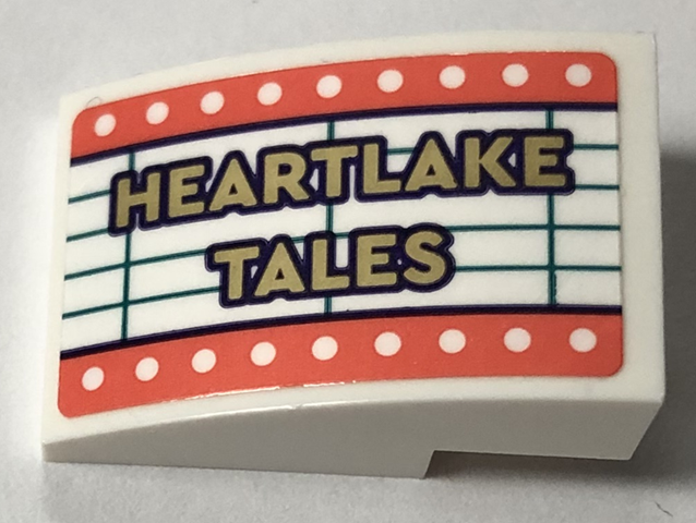 Lego Slope, Curved 3 x 2 with Theater Sign with Coral Border and 'HEARTLAKE TALES' Pattern Model Right Side (Sticker) - Set 41714 / White