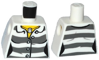 Lego Torso Town Prisoner Female, Dark Bluish Gray Stripes, Buttons and ID Tag Pattern / White