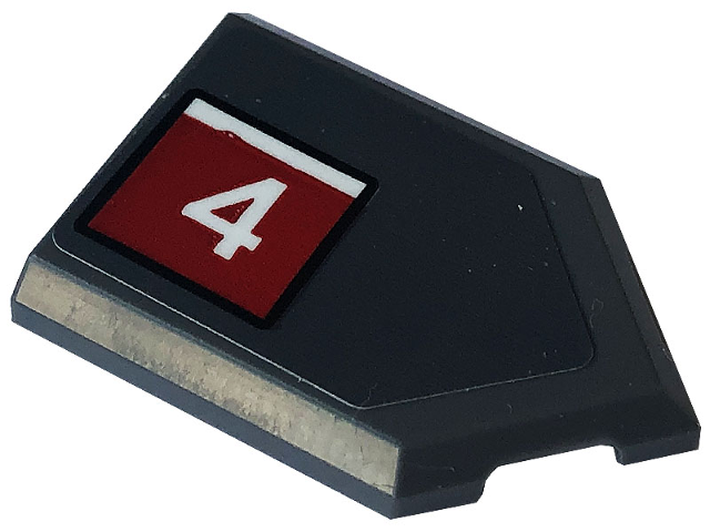 Lego Tile, Modified 2 x 3 Pentagonal with White Number 4 in Red Square Pattern Model Left Side (Sticker) - Set 76903 / Dark Bluish Gray