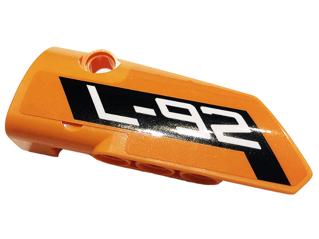 Lego Technic, Panel Fairing # 3 Small Smooth Long, Side A with White 'L-92' on Black Background Pattern (Sticker) - Set 42120 / Orange