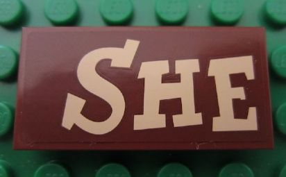Lego Tile 2 x 4 with 'SHE' Pattern (Sticker) - Set 7594 / Reddish Brown