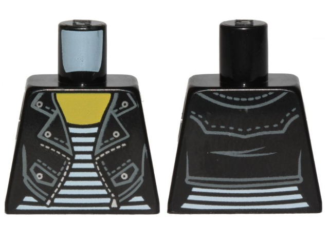Lego Torso Female Leather Jacket Open with Pockets and Silver Buttons and Zipper over Shirt with White Stripes, Yellow Neck Pattern / Black