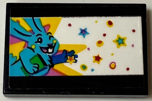 Lego Tile 2 x 3 with Medium Azure Bunchu Bunny, Stars and Dots on White Background Pattern (Sticker) - Set 71461