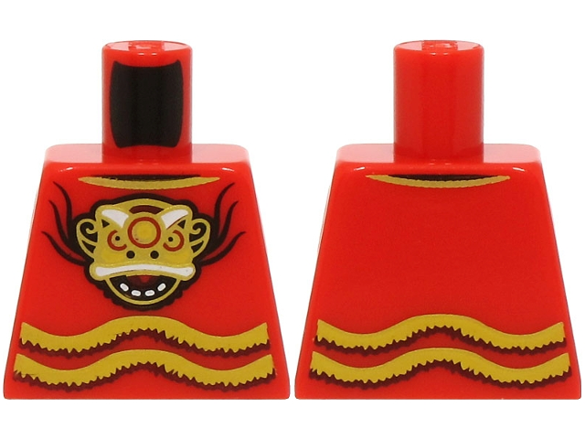 Lego Torso Shirt with Yellow Fringe and Dragon Head with Open Mouth and Gold Mask Pattern (BAM) / Red