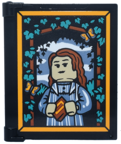 Lego Glass for Window 1 x 4 x 3 - Opening with Portrait of Ariana Dumbledore, Ivy and Butterflies in Bright Orange Frame Pattern (Sticker) - Set 76457 / Black