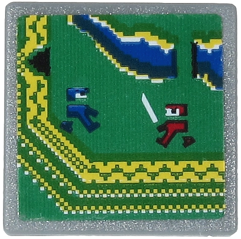 Lego Road Sign 2 x 2 Square with Open O Clip with Video Game Display with Blue and Dark Red Ninja on Green Background Pattern (Sticker) - Set 71712