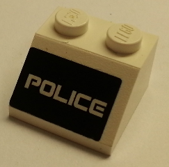 Lego Slope 45 2 x 2 with White 'POLICE' on Black Background Pattern (Sticker) - Set 5973 / White