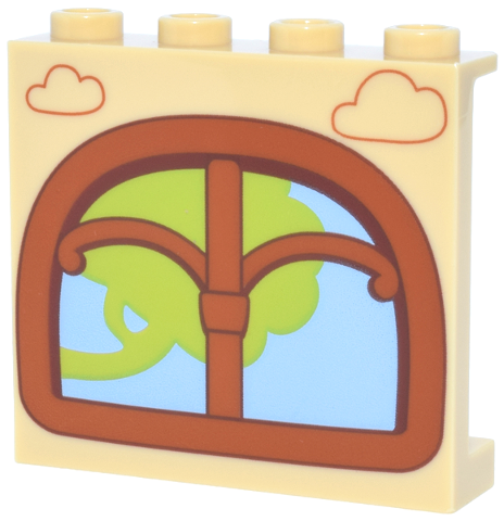 Lego Panel 1 x 4 x 3 with Side Supports - Hollow Studs with Dark Orange Clouds and Window with Lime Tree and Bright Light Blue Sky Pattern