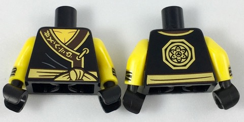 Lego Torso Robe with Dark Brown Hem, Gold Trim and Ninjago Logogram 'EARTH', Dark Bluish Gray Creases, Waist Sash with Knot, Yellow Neck, Octagon and Circle Medallion Logo on Back Pattern / Yellow Arms with Black Cuffs with Gold Stripes Pattern / Black Hands