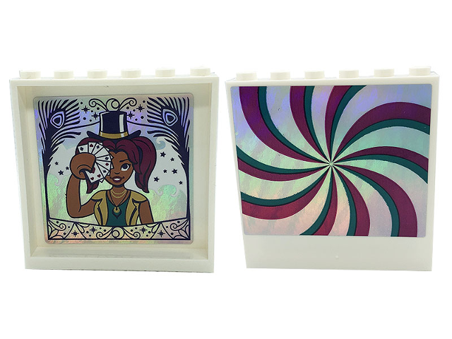 Lego Panel 1 x 6 x 5 with Dark Turquoise and Magenta Swirls on Silver Background on Outside and Camila with Top Hat and Playing Cards on Inside Pattern Model Left Side (Stickers) - Set 41685 / White