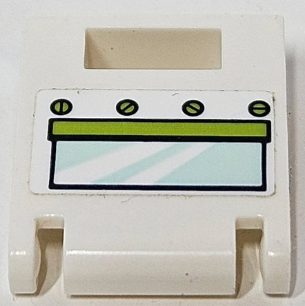 Lego Container, Box 2 x 2 x 2 Door with Slot with Oven Window with Light Aqua Glass, Lime Handle and Knobs Pattern (Sticker) - Set 41393 / White