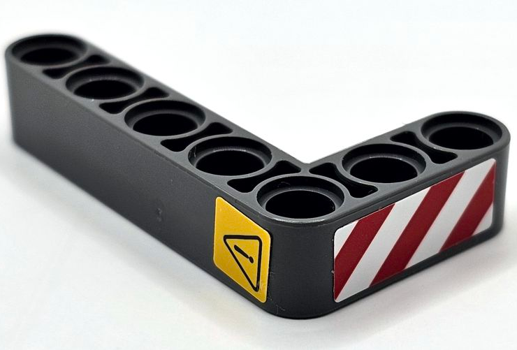 Lego Technic, Liftarm, Modified Bent Thick L-Shape 3 x 5 with Red and White Danger Stripes and Black Exclamation Mark in Danger Triangle Pattern Model Right Side (Stickers) - Set 42080 / Dark Bluish Gray