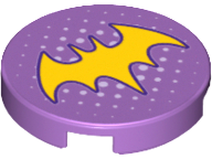 Lego Tile, Round 2 x 2 with Bottom Stud Holder with Yellow Bat Symbol and Small White Dots Pattern / Medium Lavender